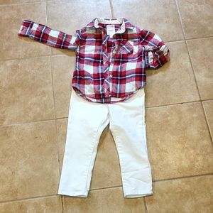 Cat & Jack Plaid Top and Old Navy White Jeans Outfit